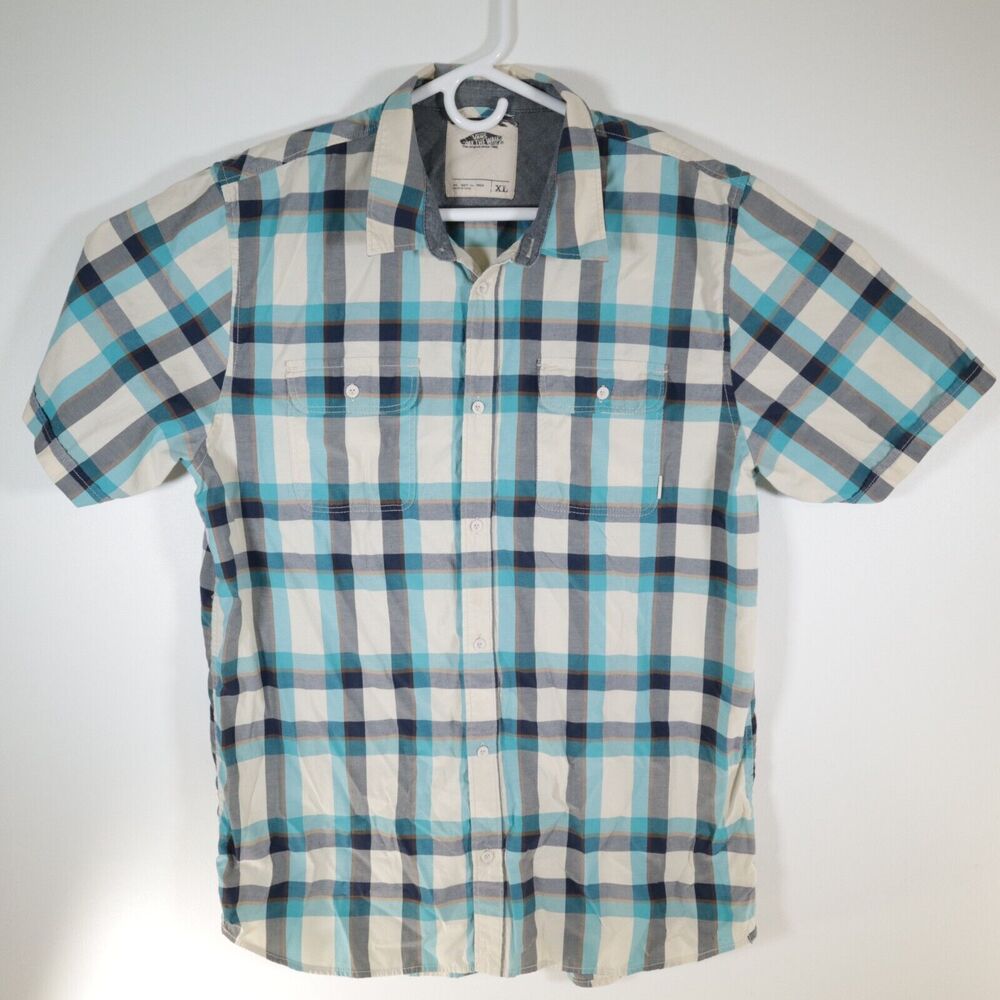 VANS Off the Wall Shirt Mens XL Short Sleeve Button Up Striped Plaid Casual